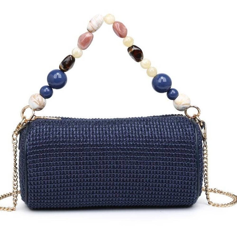 Rachel Navy Woven Barrel Clutch Beaded Handle Chain Strap